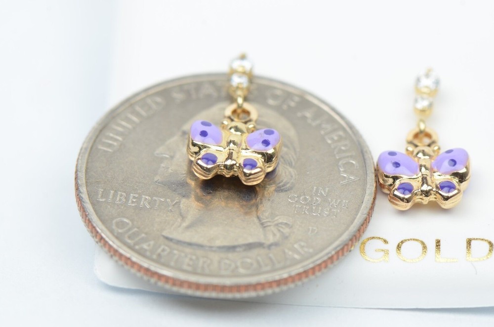 14K Solid Yellow Gold Butterfly Dangle Earring with Enamel