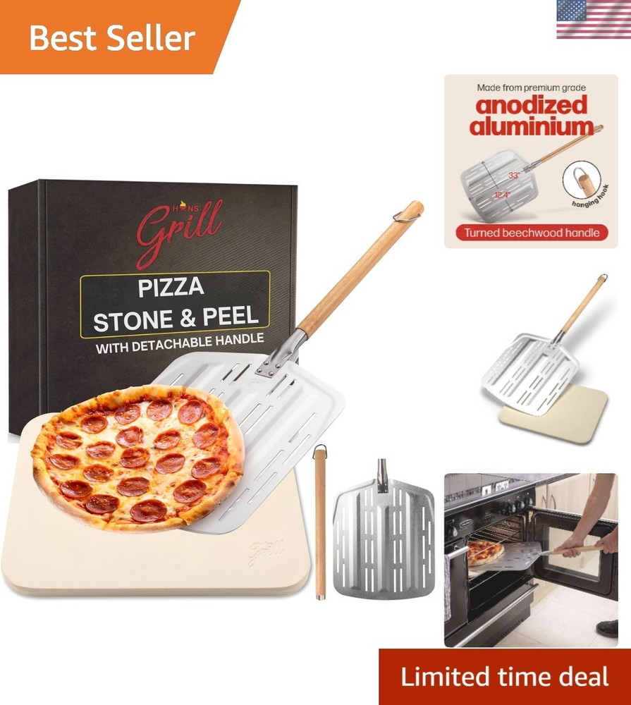 15x12'' Rectangular Pizza Stone with Anodised Peel - Crispy Crusts Guaranteed