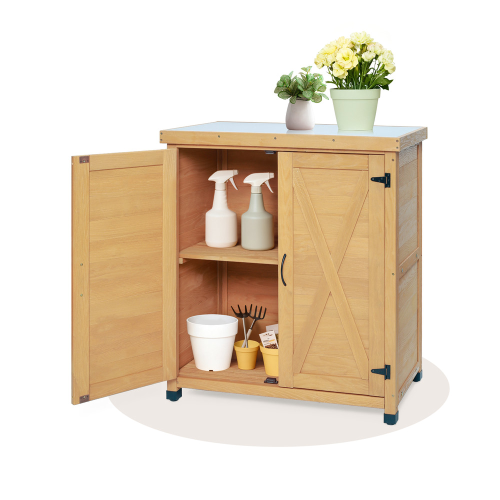 Potting Bench with Storage Cabinet and Metal Table Top Work Station Table