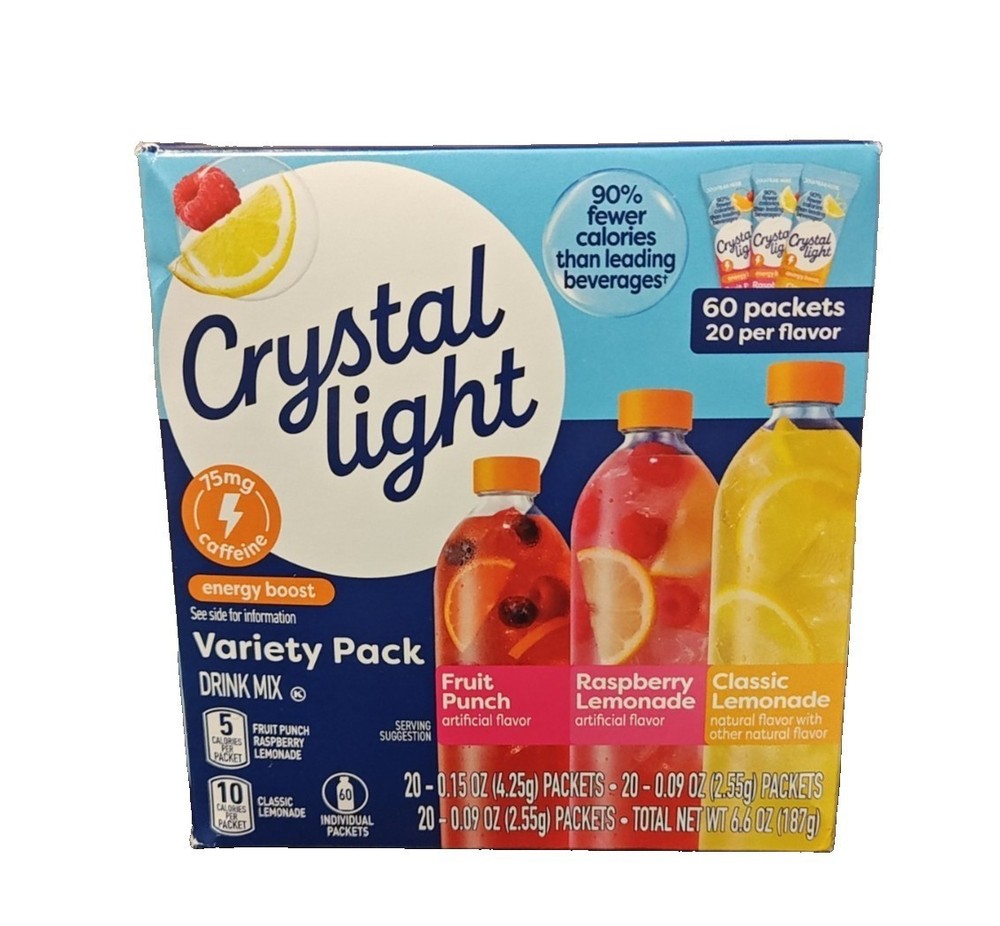 60 PK Crystal Light Variety Pack Fruit Punch Raspberry Lemonade Classic Lemonade