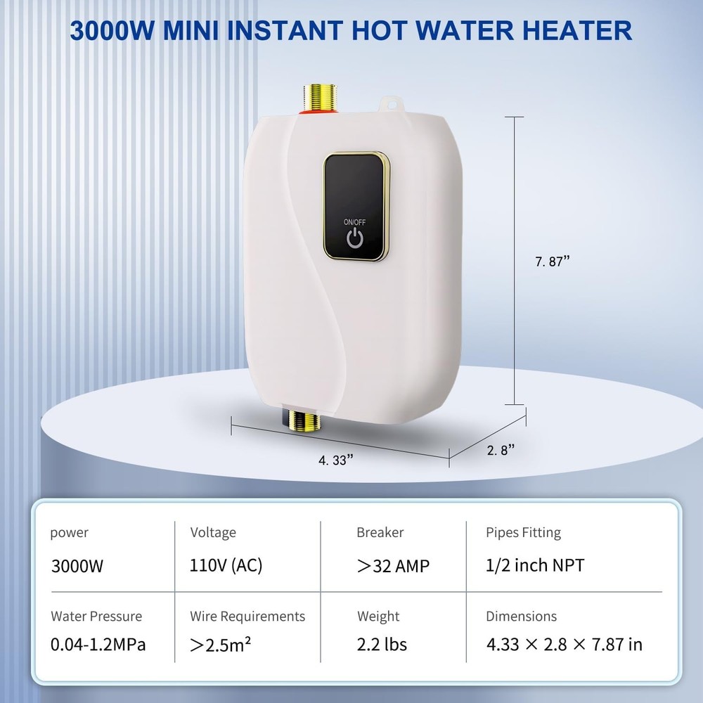 Tankless Water Heater Electric 110V, 3000W Instant Water Heater Under Sink, O...