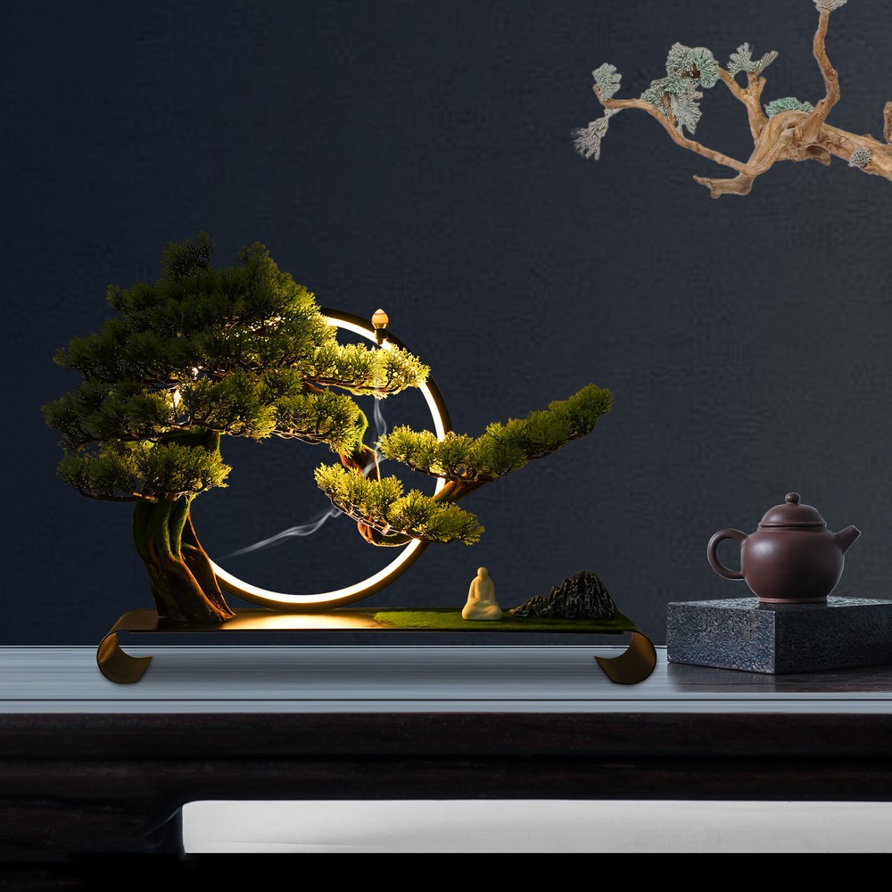Zen Artificial Pine Tree with Lamp Rings Decoration for Backflow Incense 110V