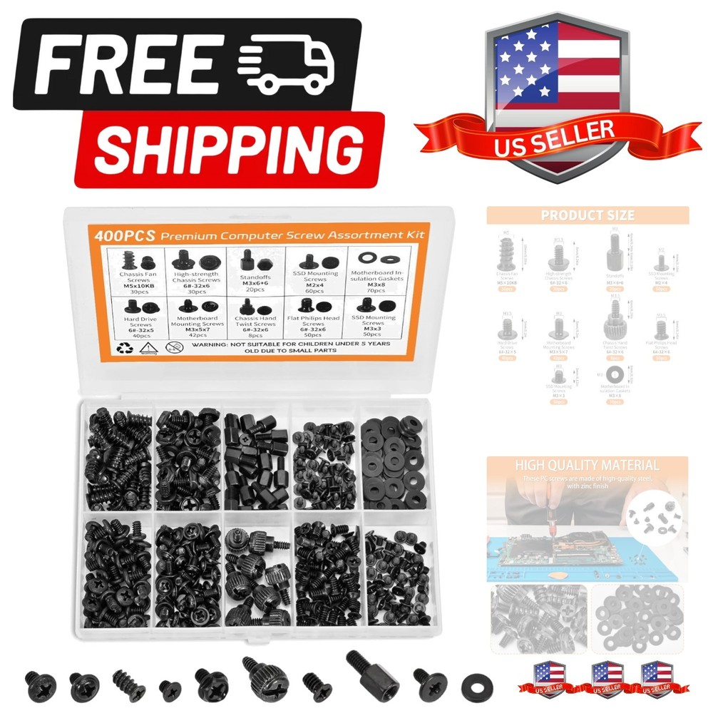 400Pcs  Computer Screws Kit for PC, Includes Motherboard Screws, Standoffs, S...
