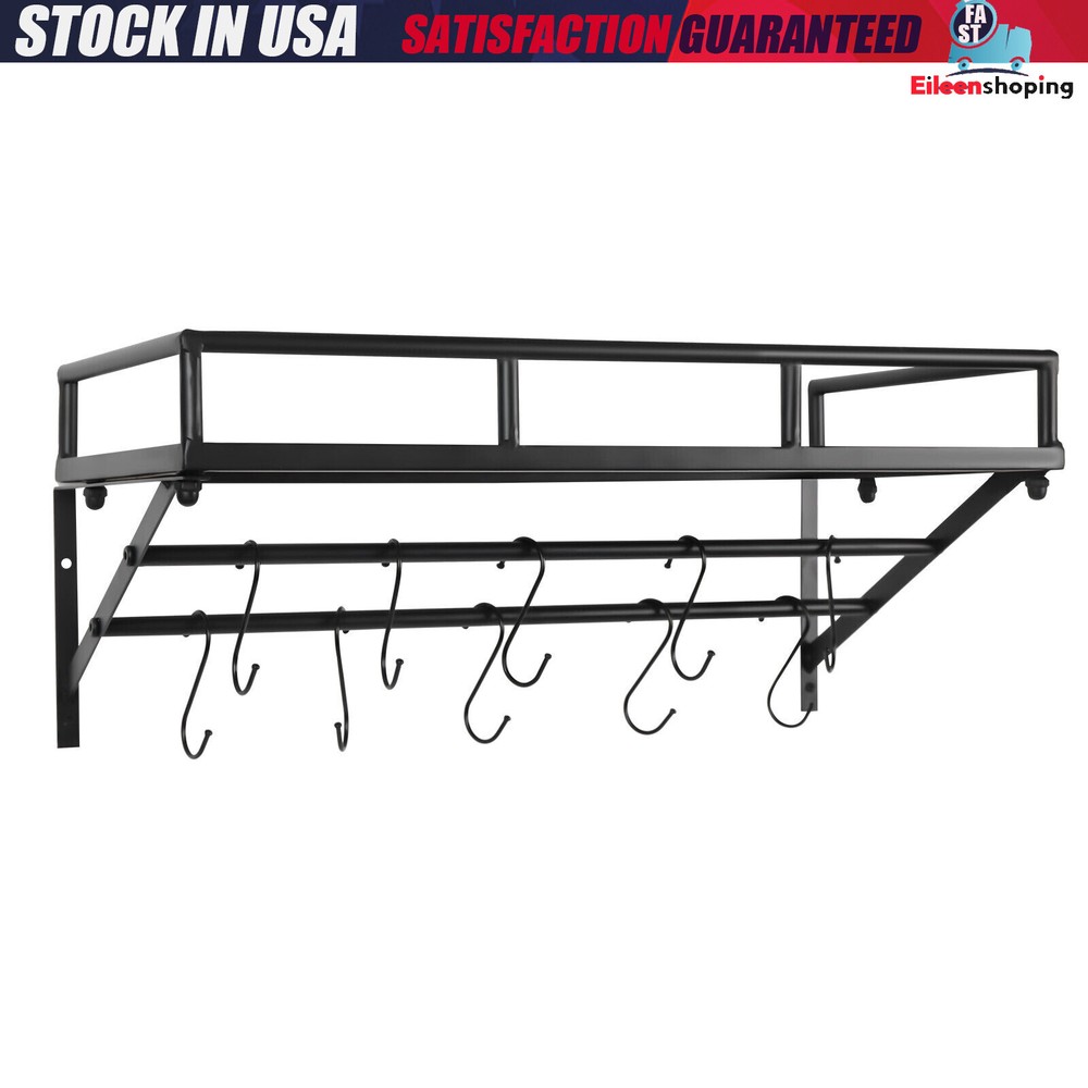 Kitchen Wall Mounted Storage Shelf Cookware Pan Pot Organizer Rack with 10 Hooks