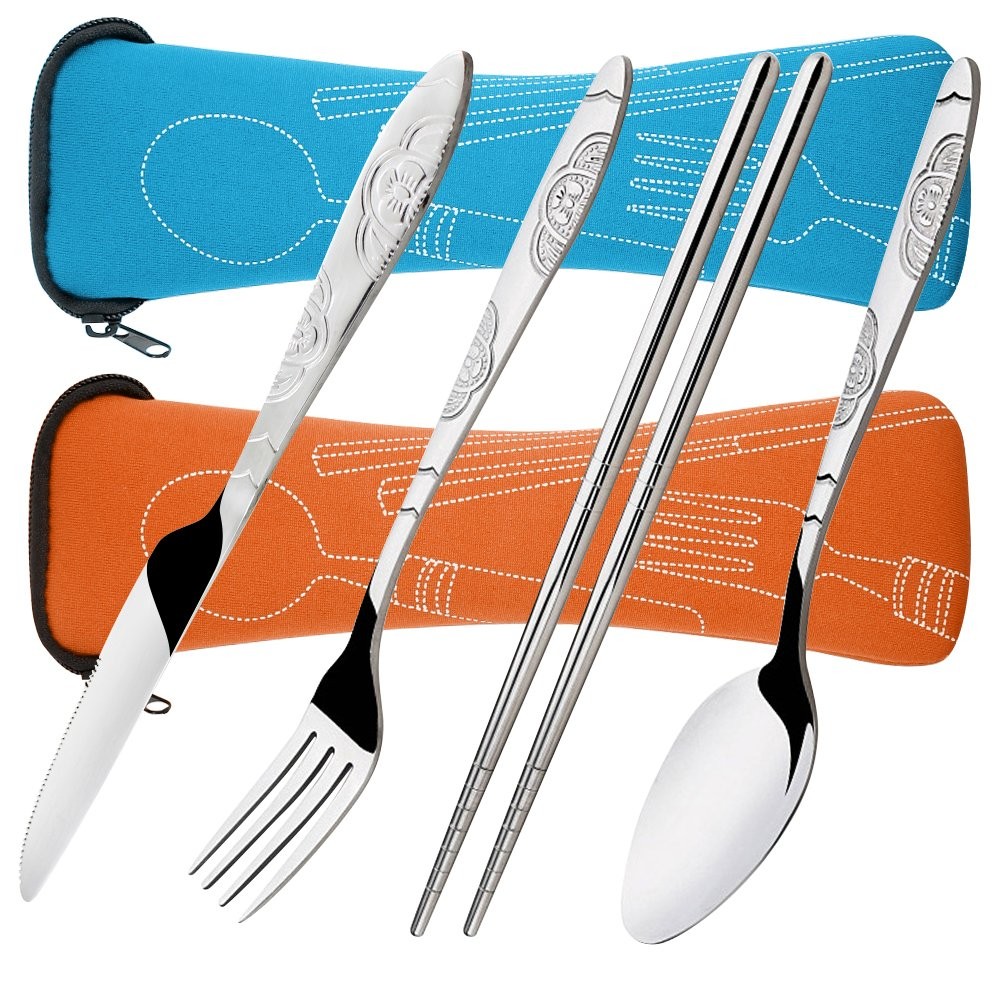 8 Pieces Flatware Sets Knife Fork Spoon Chopsticks 2 Pack Rustproof Stainless...