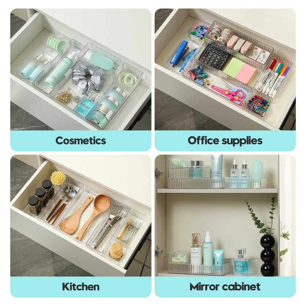 7 Pc Clear Drawer Organizer Bins, 4-Size, Stackable, Buckles, Makeup, Vanity