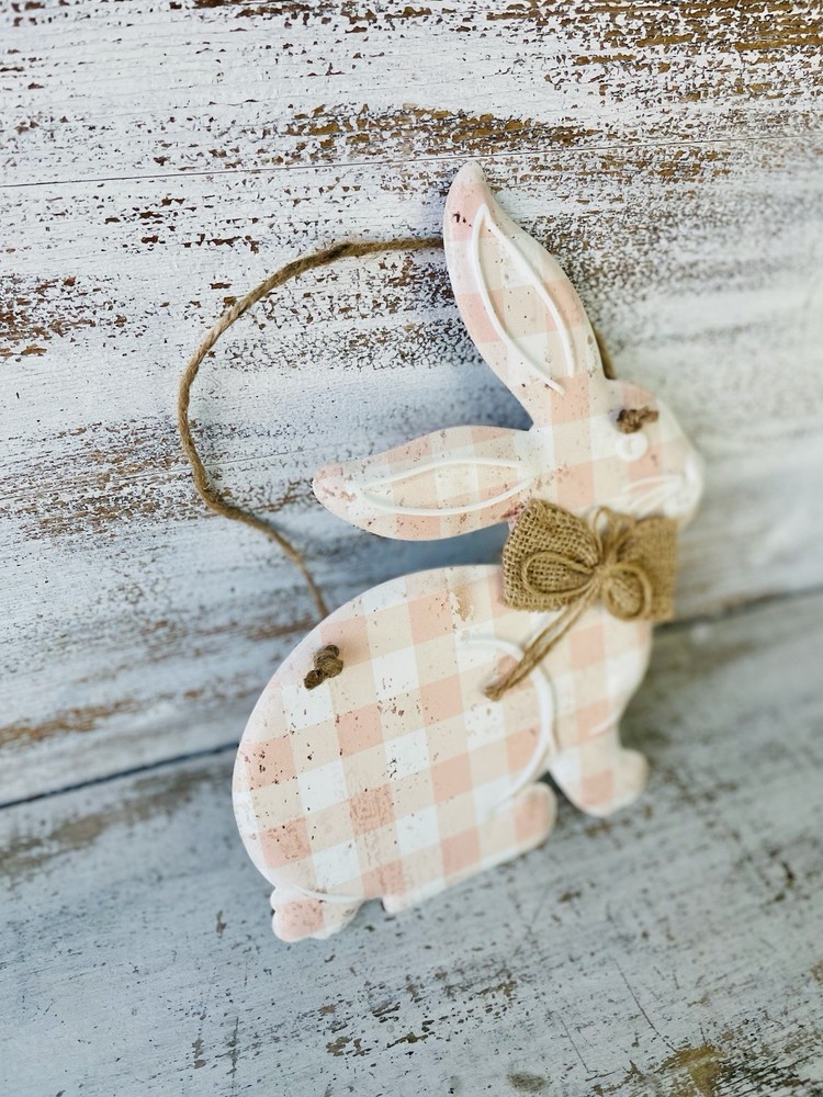 Spring Peach Gingham Hanging Metal Bunny