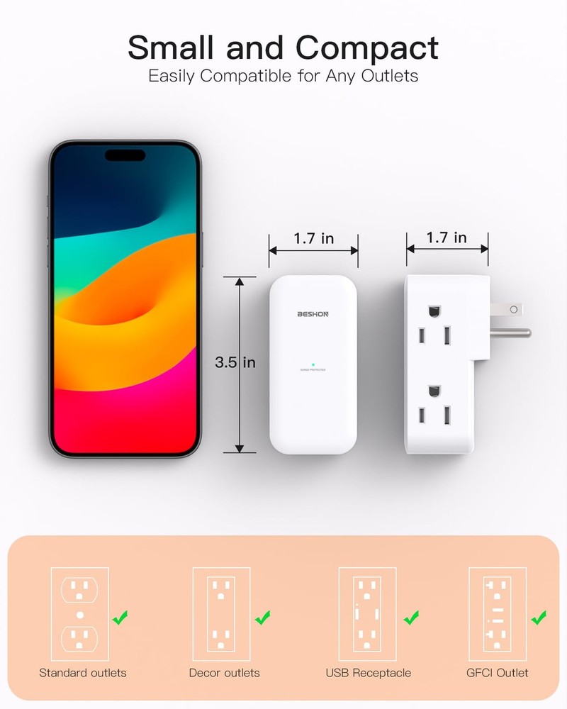 Surge Protector Outlet Extender- with Rotating Plug,6 AC Multi Plug White