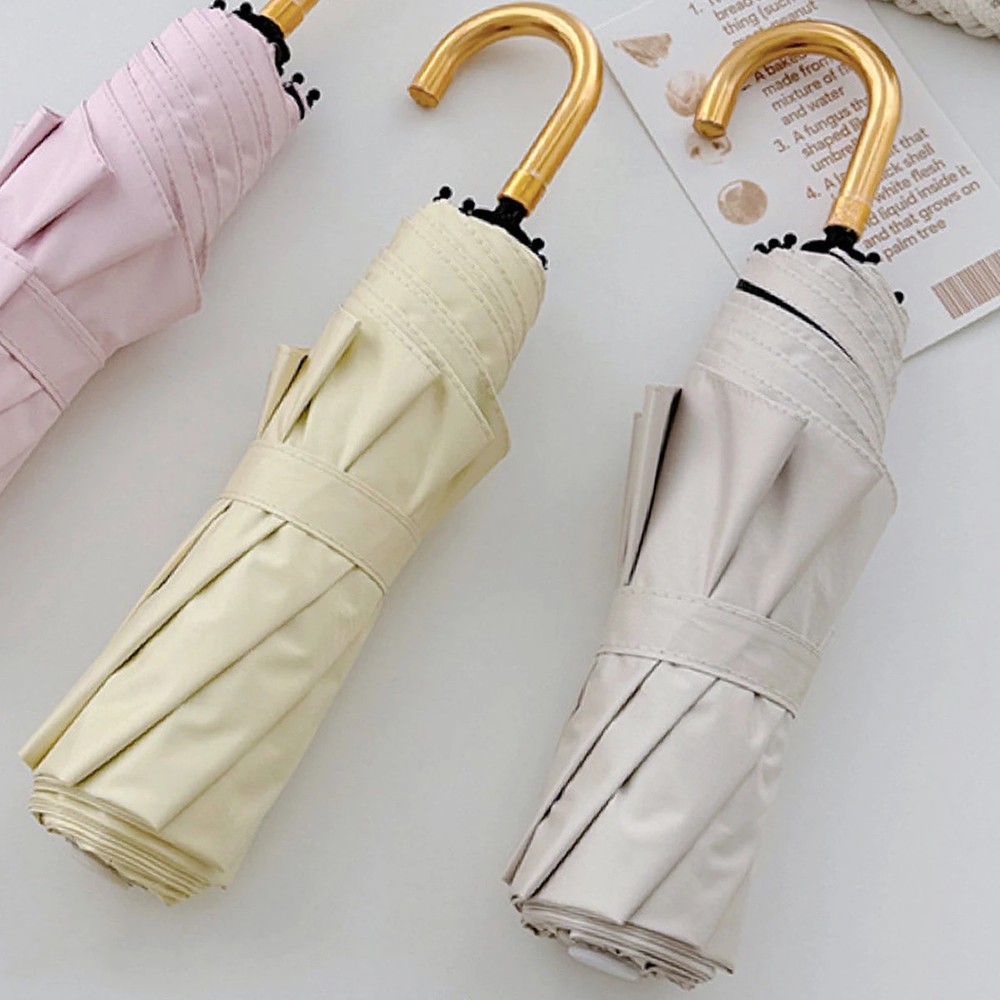 Solid color macaron color folding hook umbrella, black coating sunscreen UPF50+p