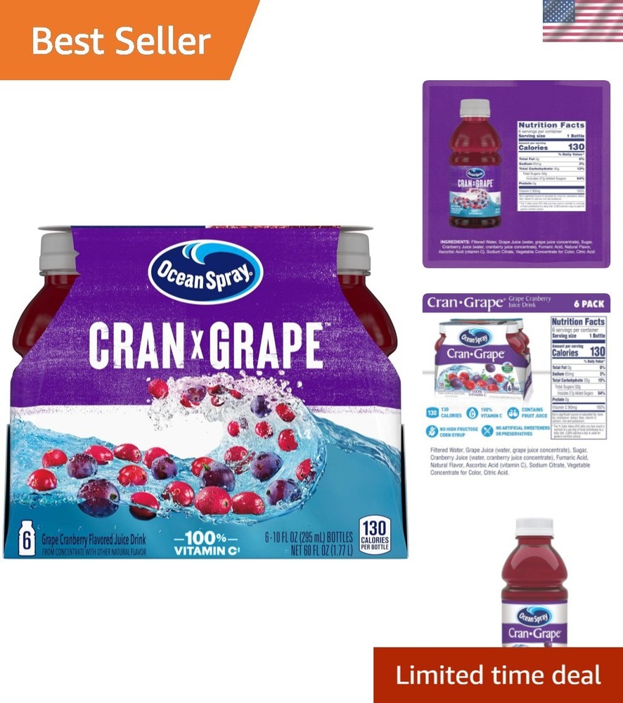 6-Pack Cran-Grape Juice Drinks, 10 Fl Oz Bottles - Refreshing Vitamin C Boost