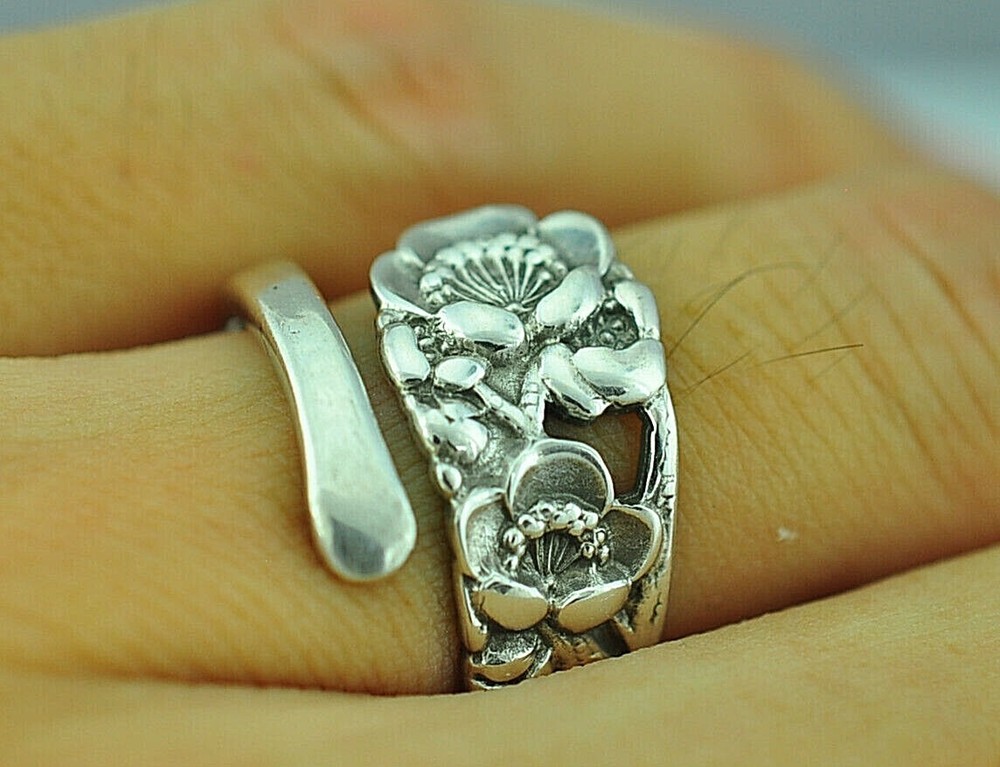Dainty Solid 950 Sterling Silver Plum Flower Floral Adjustable Spoon Ring