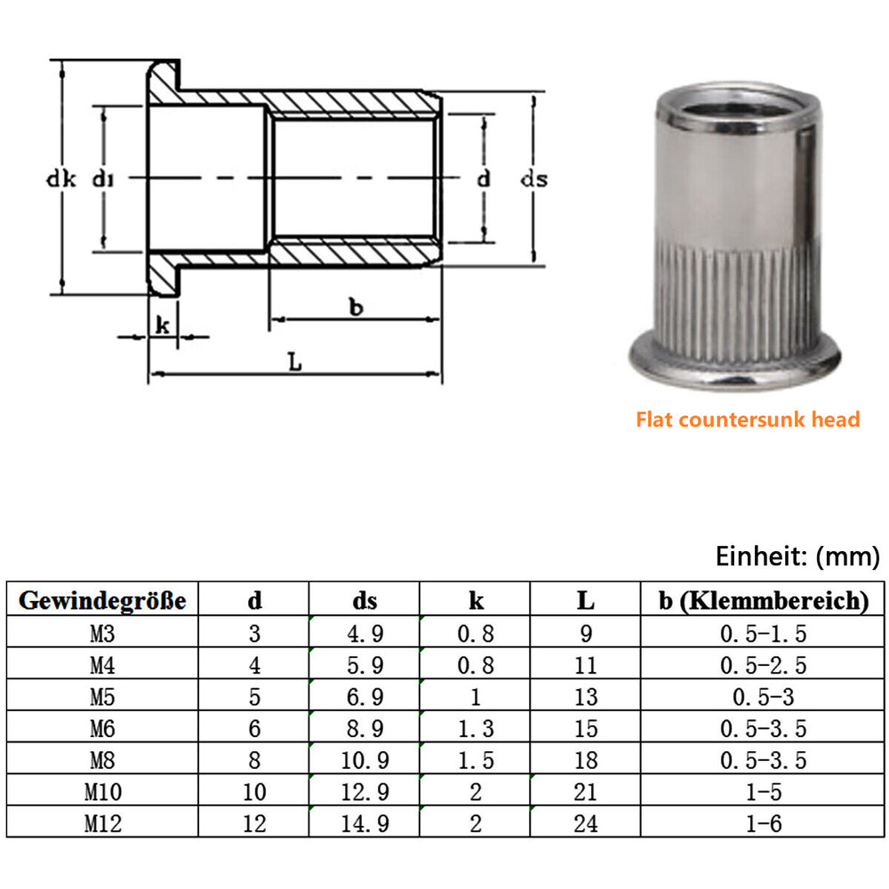 M3 M4 M5 M6 M8 M10 M12 FLAT/ COUNTERSUNK RIVNUTS THREADED RIVET NUT A2 STAINLESS