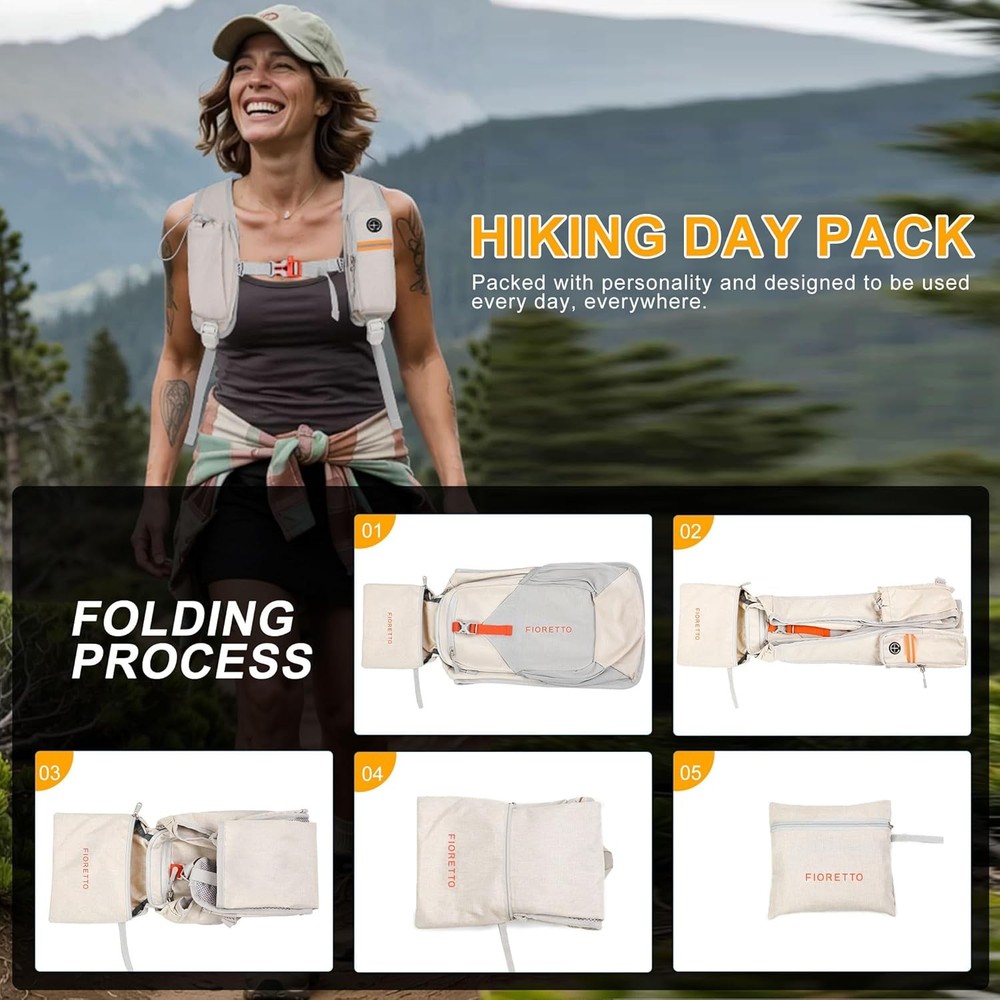 FIORETTO 10L Hiking Backpack Lightweight Packable Daypack Beige