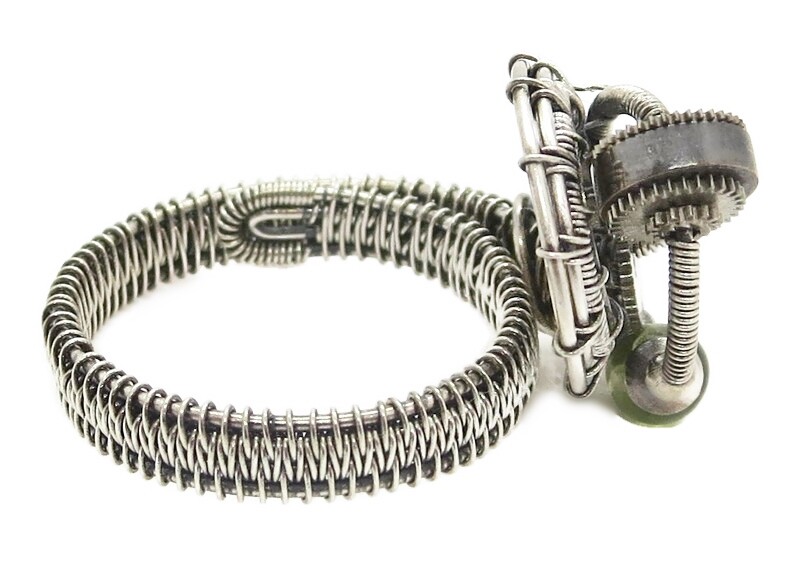 Adjustable Peridot Steampunk Ring in Sterling Silver & Stainless Steel