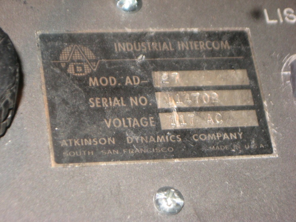 ATKINSON DYNAMICS INDUSTRIAL INTERCOM AD-27