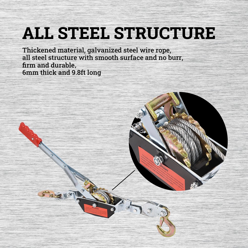 2T 2 Hooks Wire Rope Ratchet Hand Come Along Winch Ratchet Power Puller Tool