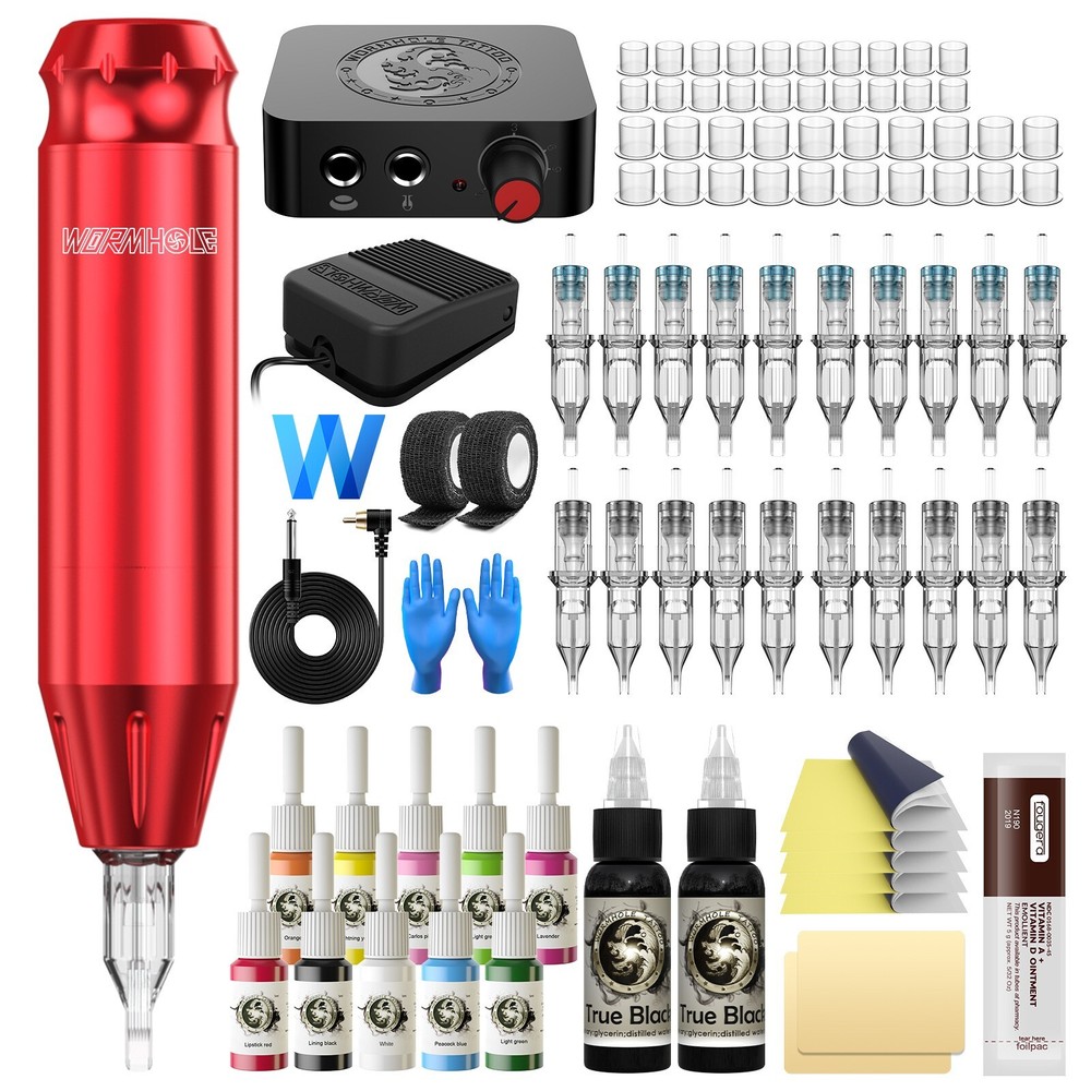 Wormhole Tattoo Machine Set Beginner Rotary Motor Pen Inks Power Supply Needle