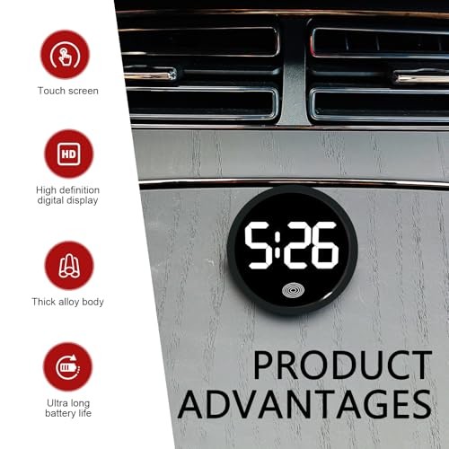 Car Digital Clock, Round Touchscreen Luminous Clock with LED Time 1 PC White