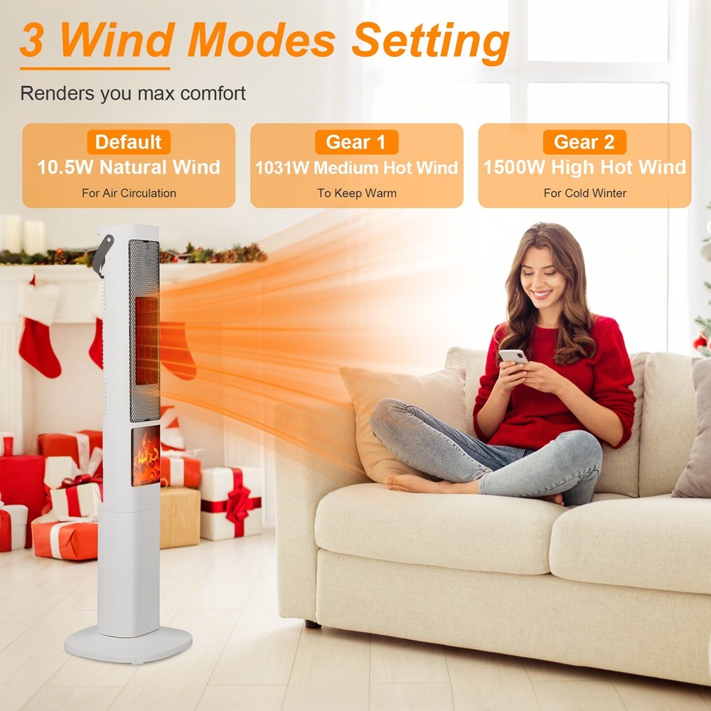 1500W Ceramic Tower Space Heater W/ 3D Flame Remote Control 5 Timer Options