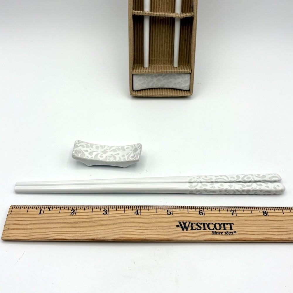 White Ceramic Chopsticks And Chop Stick Rest Scrolling Pattern 2 Sets