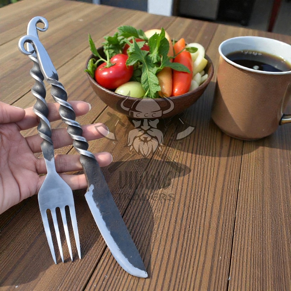 Hand Forged Medieval Iron Knife & Fork Set – Rustic Dining Cutlery