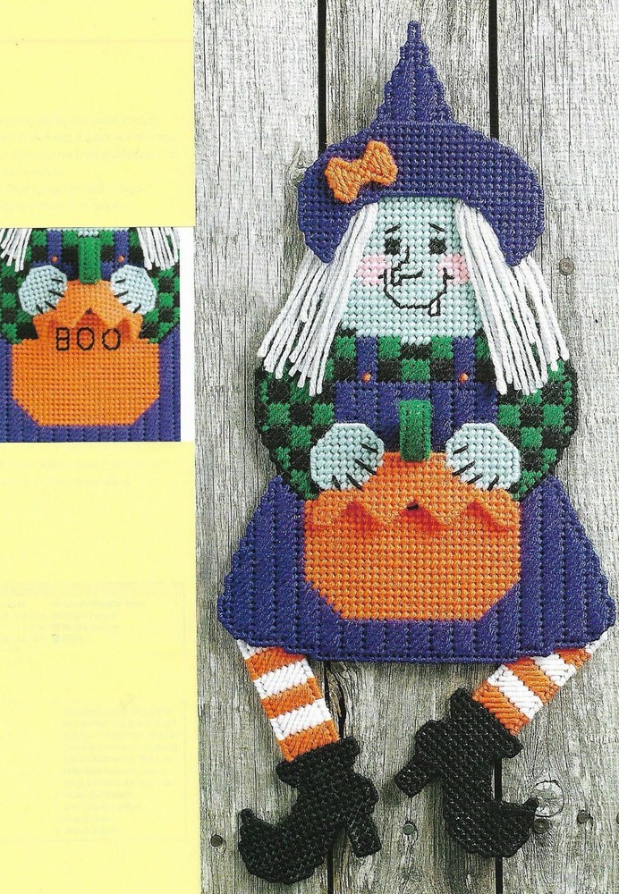 BOO WITCH WALL HANGING HALLOWEEN PLASTIC CANVAS PATTERN INSTRUCTIONS