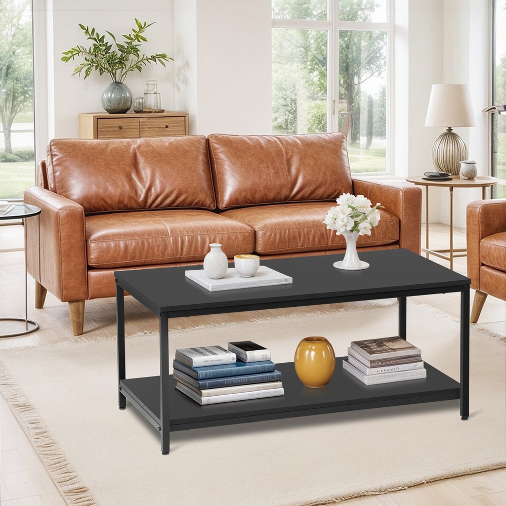 2-Tier Coffee Table Simple Modern Rectangular Center Table for Living Room Black