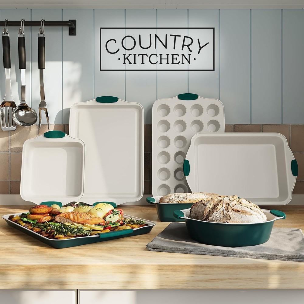 Country Kitchen Nonstick Stackable Bakeware Set - Heavy Duty, 10 Pcs, Sage