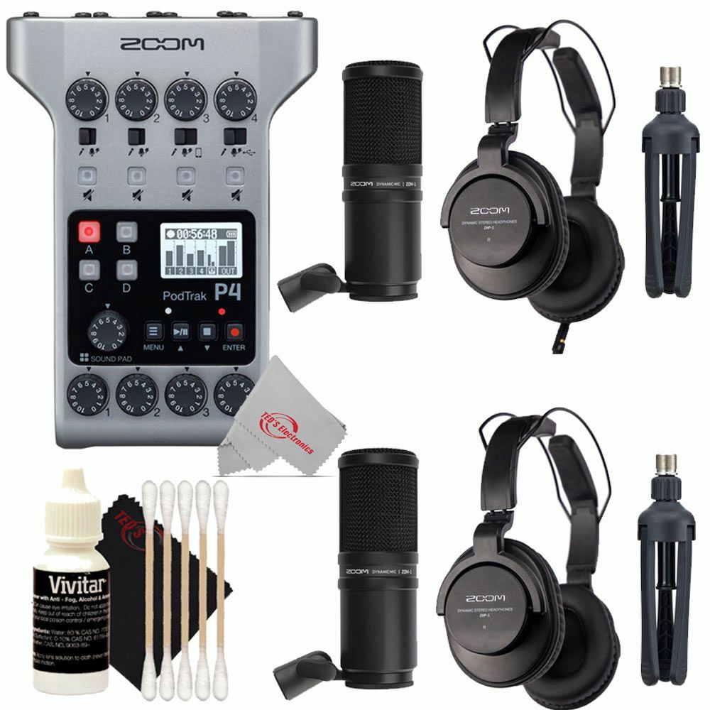 Zoom PodTrak P4 Portable Podcast Recorder + Two Pcs Mic Pack Accessory Bundle