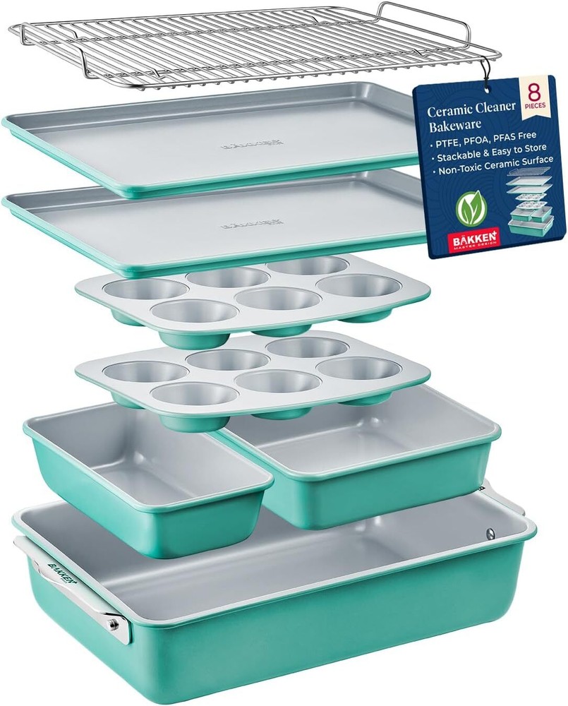 Bakken 8-Piece Stackable Bakeware Set - Ceramic Non-Stick Coating, Baking Sheets