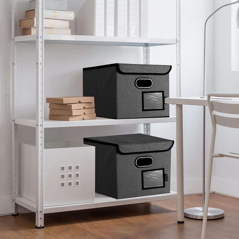 File Organizer Box with Lid, Collapsible File Folder Organizer with Plastic Slid