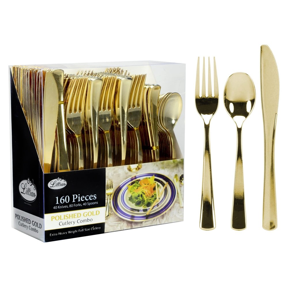 Gold Plastic Silverware Set, 160 Count, Extra Heavy Duty Flatware, Disposable...