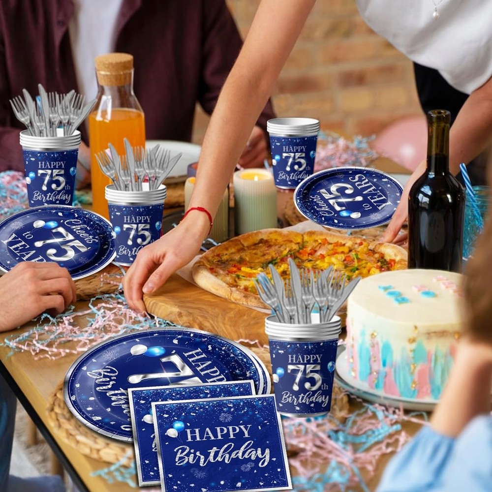 142 Pcs 75th Birthday Tableware Set Decorations Sliver and Blue
