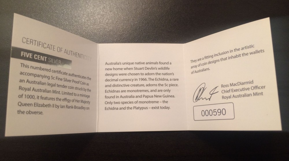 2014 Australia 5 cent Echidna by Devlin Fine Silver Proof coin in RAM Package