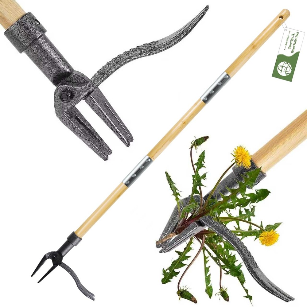 RexWeed Weed Puller Tool, Stand Up Heavy Duty Root Removal Tool Bamboo brown