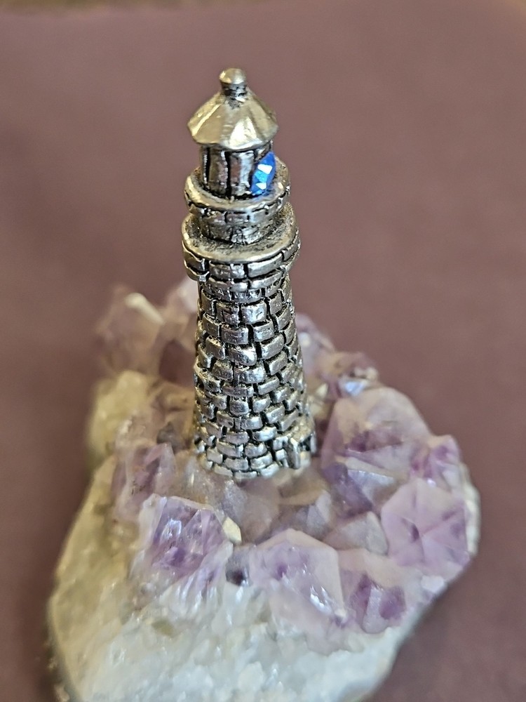 Pewter Lighthouse Blue Crystal "Light" Raw Amethyst Base