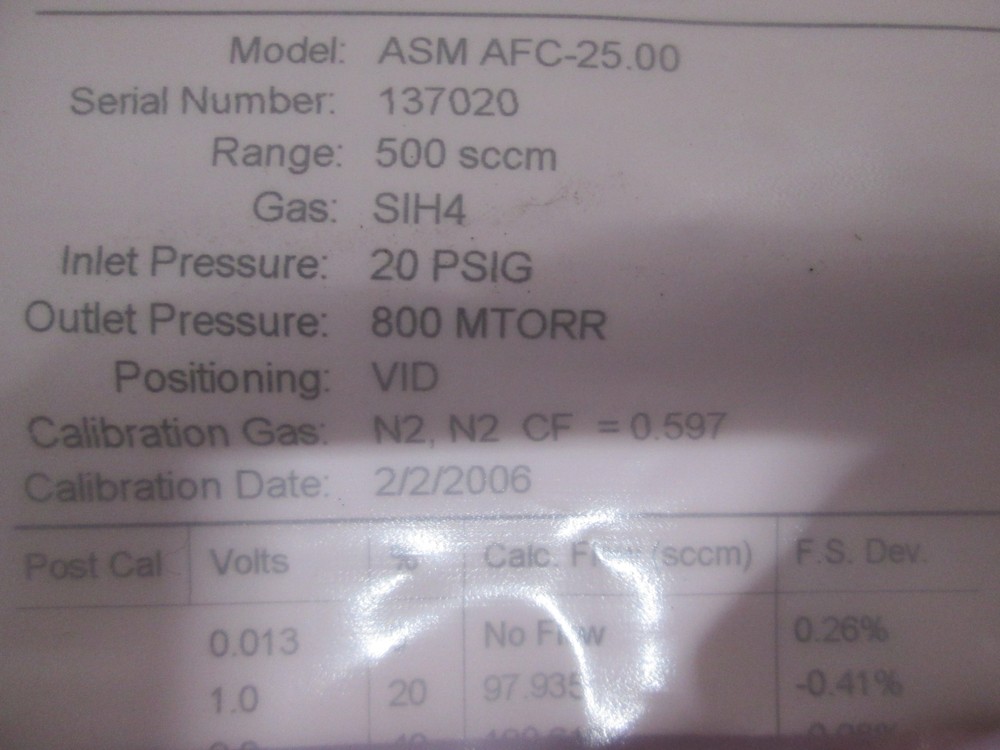 ASM, AFC-25, Mass Flow Controller, 500 SCCM, SIH4, New