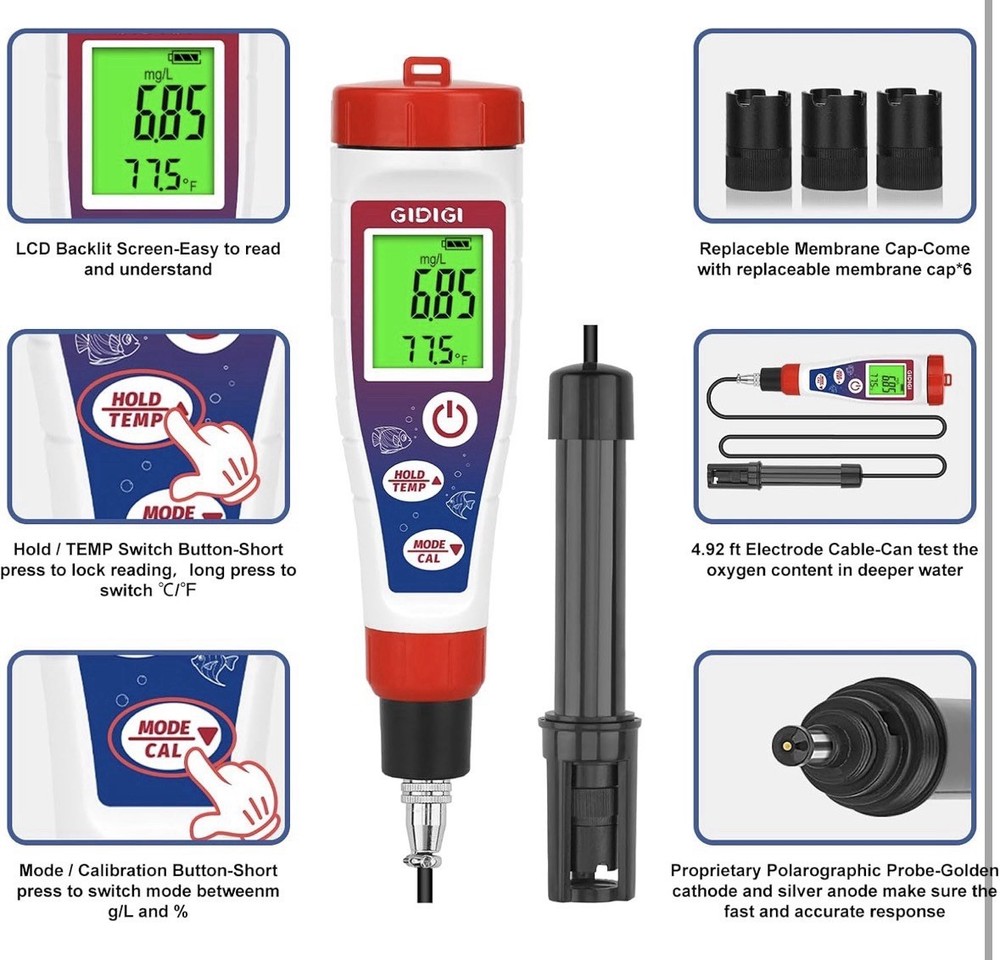 GIDIGI Digital Dissolved Oxygen Meter,Dissolved Oxygen Test Kit with 4.92 ft ...