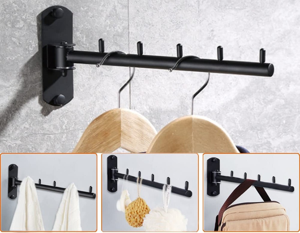 Folding Wall Mounted Clothes Hanger Rack with Swing Arm, Foldable 180°Rotatio...