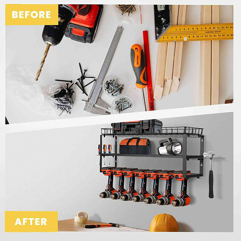 Power Tool Organizer 7 Drill Holder Wall Mount 3 Layer Garage Storage Rack Black