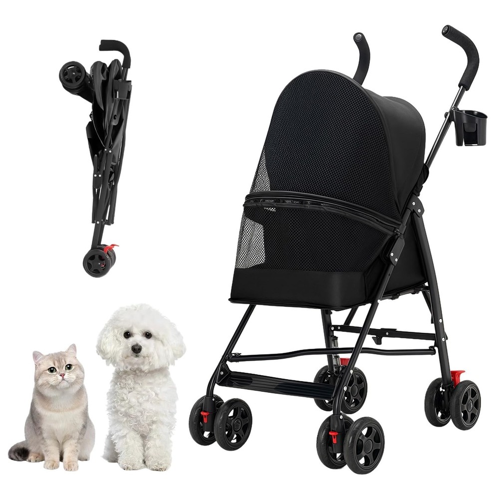 Pet Stroller with Mesh Ventilation, Lightweight Foldable Design, Cup Holder, ...