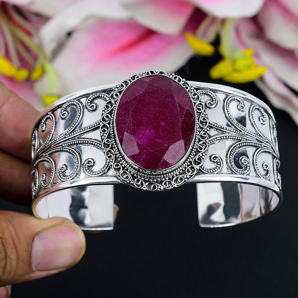 Lab Created Ruby Gemstone Handmade 925 Sterling Silver Bangle Adjustable Cuff