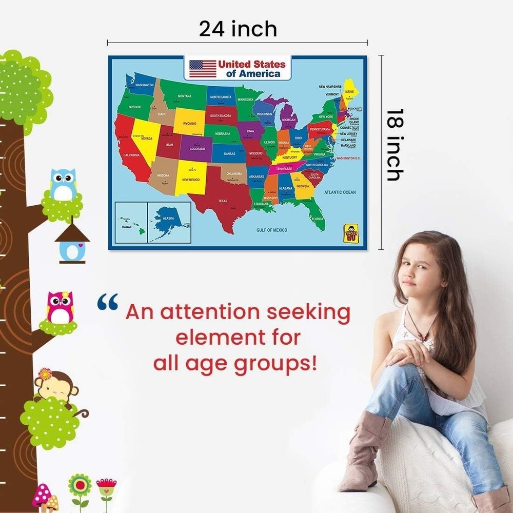 18"x24" Laminated USA Map Double Sided Educational Waterproof
