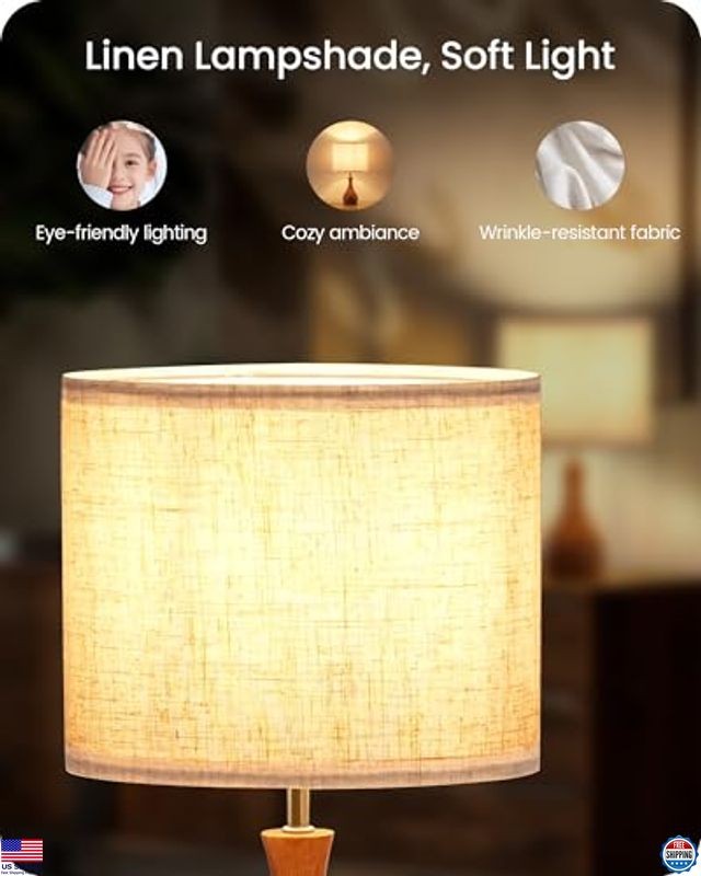 Charming 14.2" Small Table Lamp - Wood Bottle Base, Beige Shade, E26 Socket