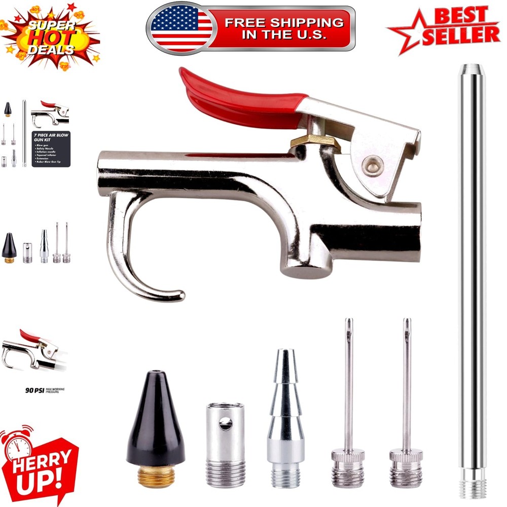 Durable Steel 7-Piece Air Blow Gun Set with Interchangeable Tips - User-Friendly