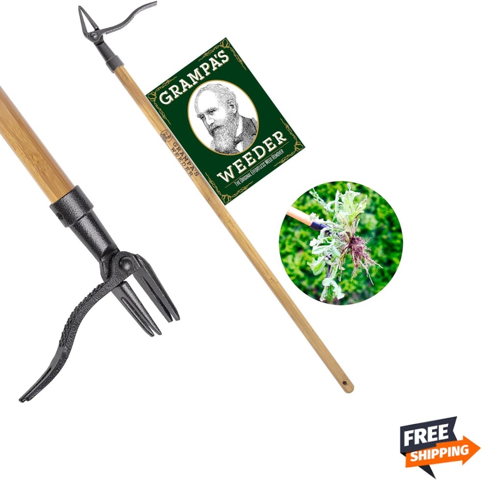 The  Stand Up Weed Puller Tool with Long Handle - Made with Real Bamboo & 4-C...