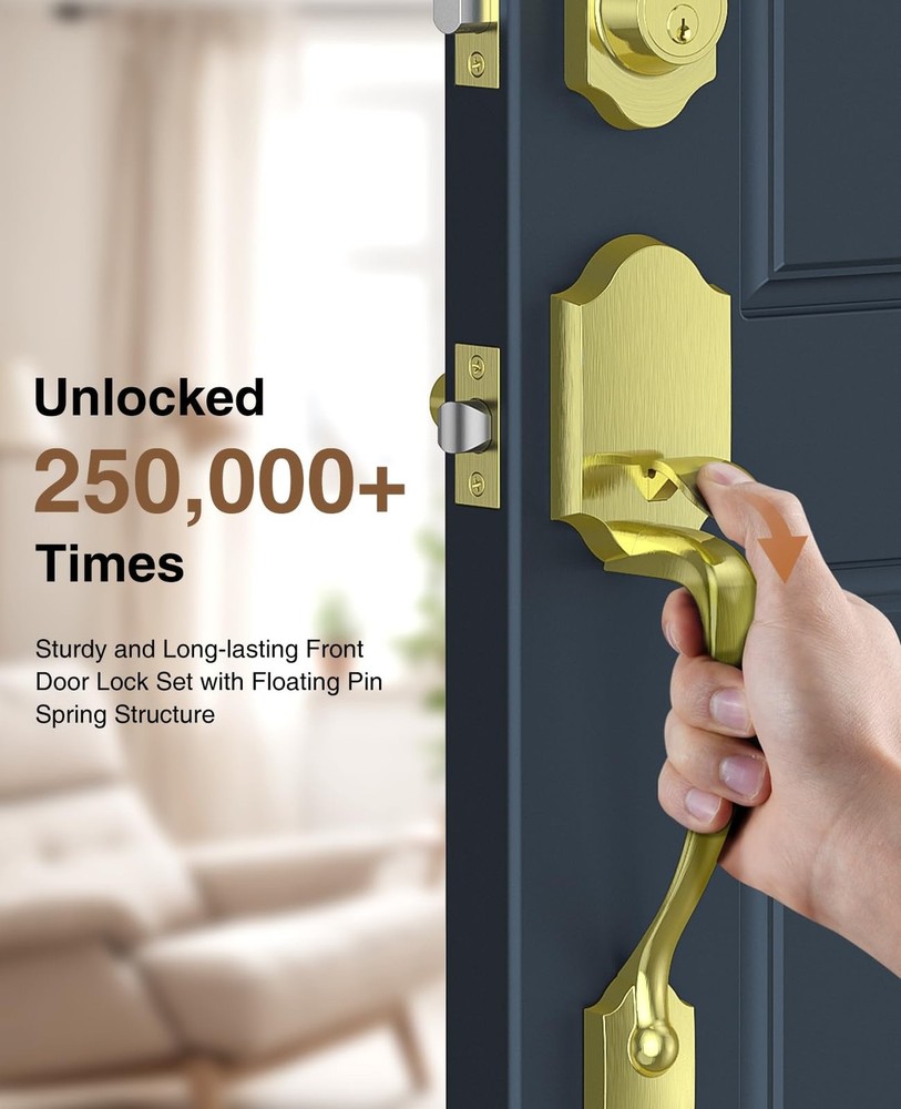 Brightify Brushed Gold Front Door Lock Set, Keyed Entry Door Handle with Dead...