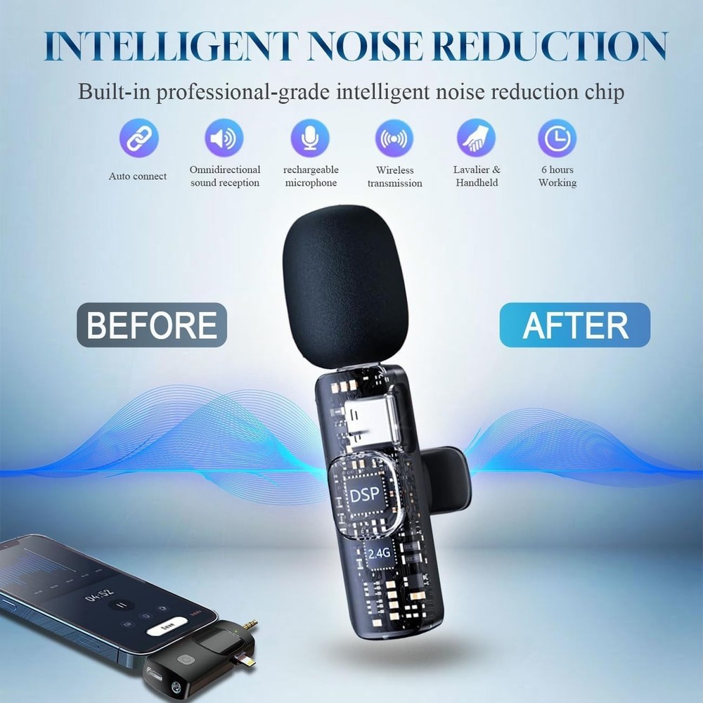 3 in 1 Wireless Lavalier Microphone for iPhone, iPad, Android, 12-Hour Battery