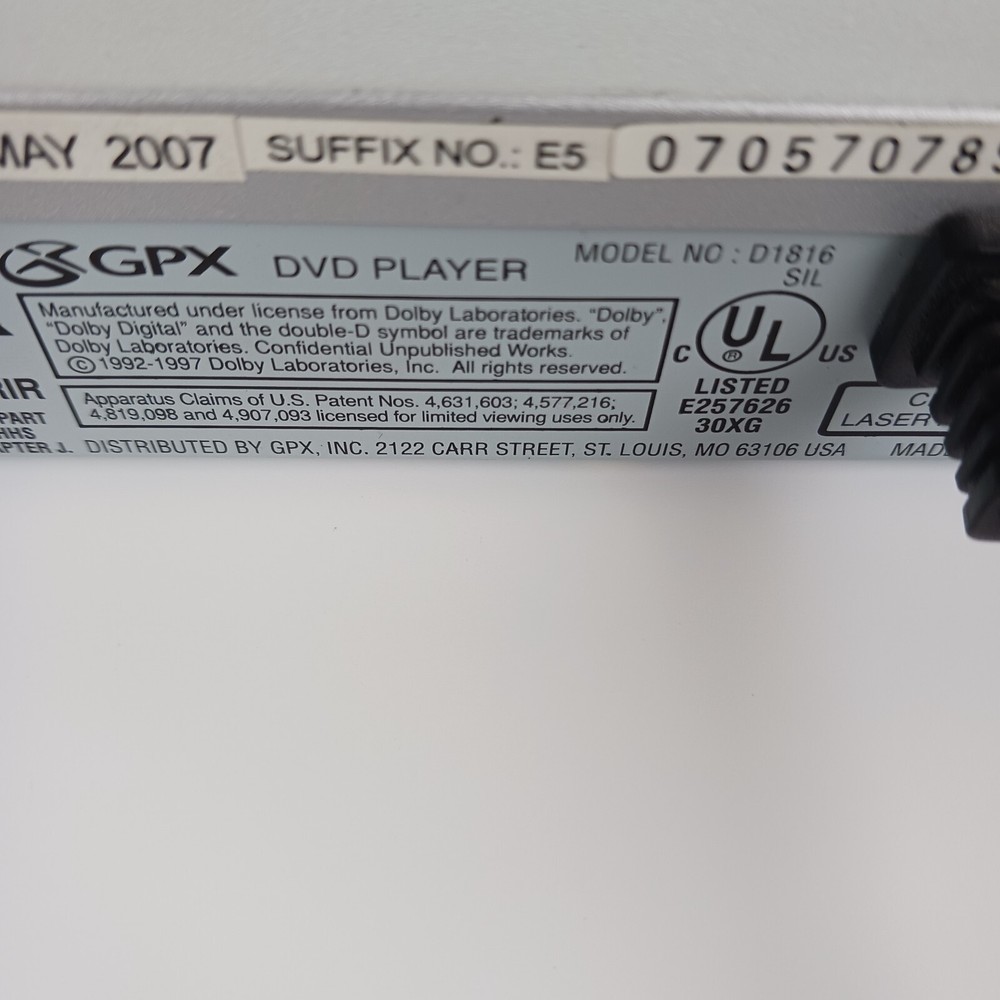 GPX Silver DVD Compact Disc Player Without Remote Model D1816