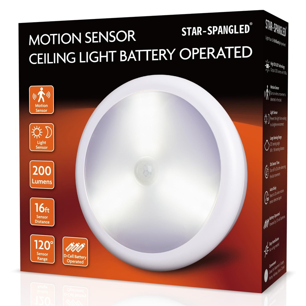 6.3” Motion Sensor Ceiling Light Indoor AA or D-Cell Battery Operated for Hal...